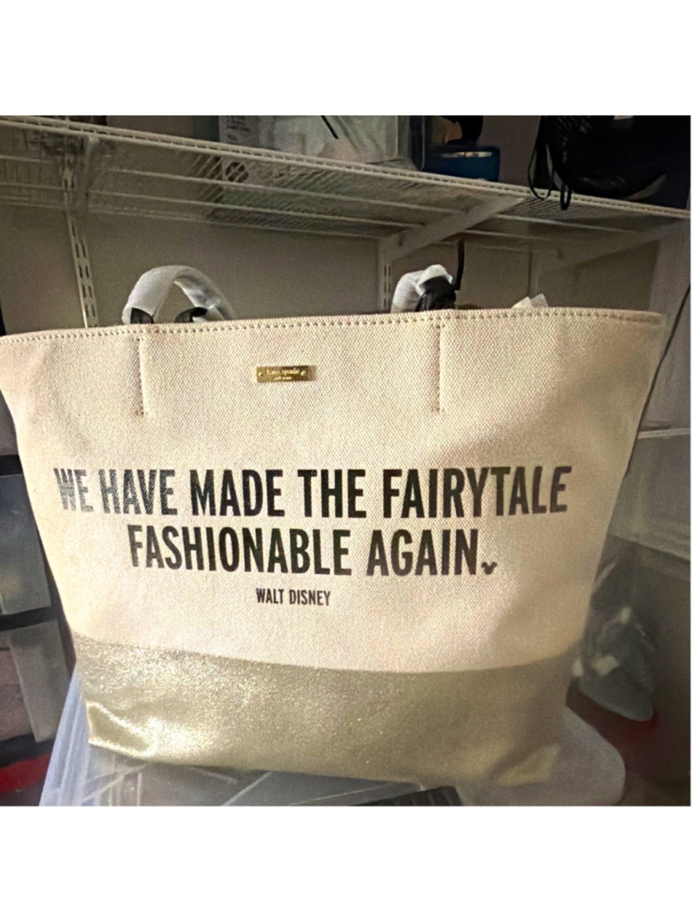 kate spade new york Disney Large Canvas Tote Bag Beige/Silver Glitter Quote